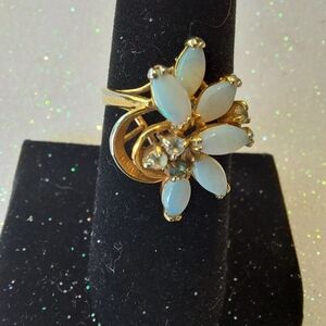 Floral Shaped Opalite Ring w/CZ Accents. 18K Gold EP. Estate Ring.